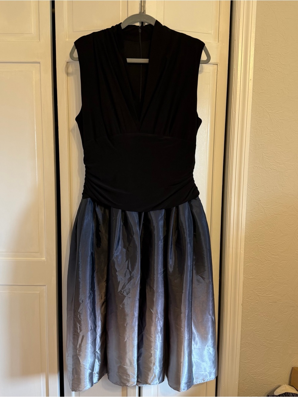 SLNY Black Bodice with Gray Satin Midi Skirt Dress
